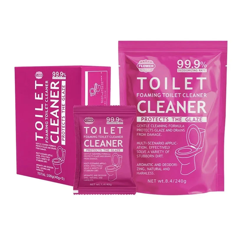 Box and bag of effervescent toilet cleaning powder in blue ocean and pink floral fragrances.