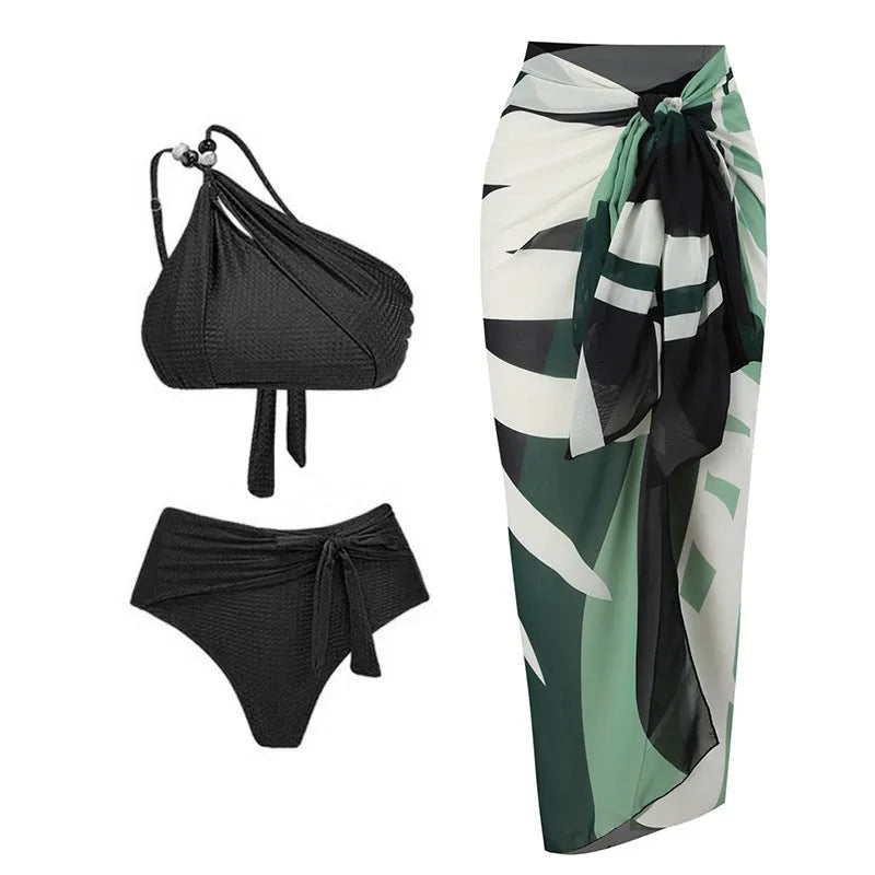 Women's brown high-waist push-up bikini with matching chiffon dress swimsuit set.