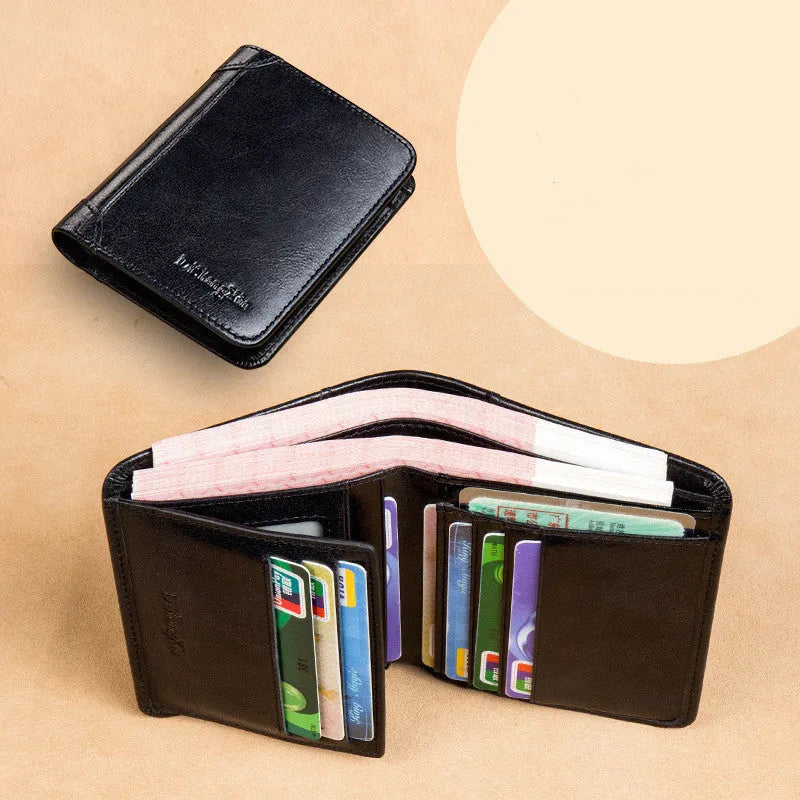 Open view of a black men's leather bifold wallet showing card slots, photo window, and zipped coin pocket.