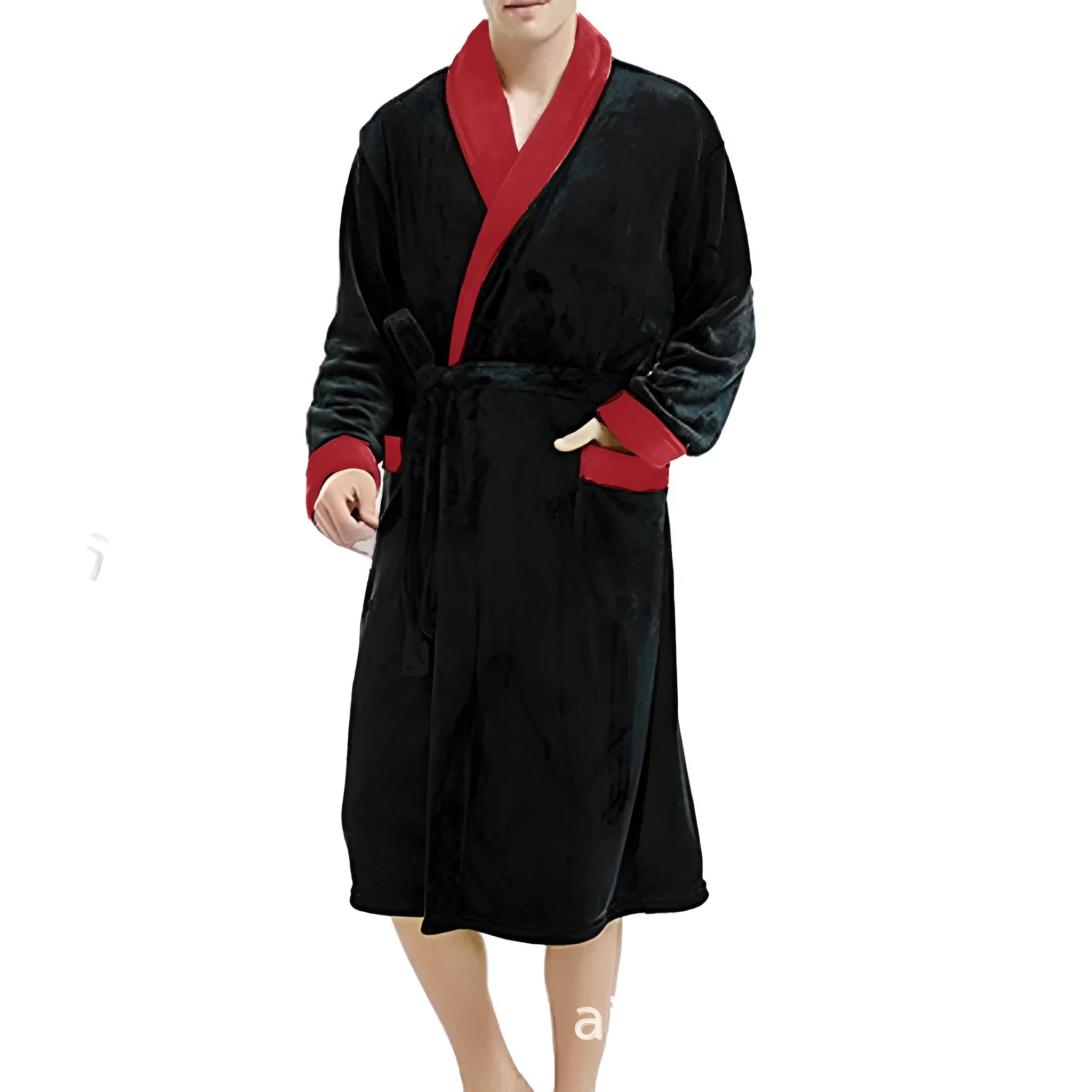 Men's cotton blend long sleeve nightgown in black with gray turn-down collar on a white background, available in sizes S to 5XL