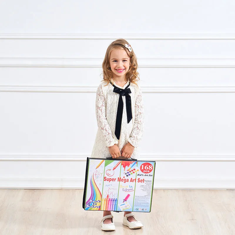 168-piece watercolour pen, oil pastel, and brush painting set in a plastic case, shown in black or pink