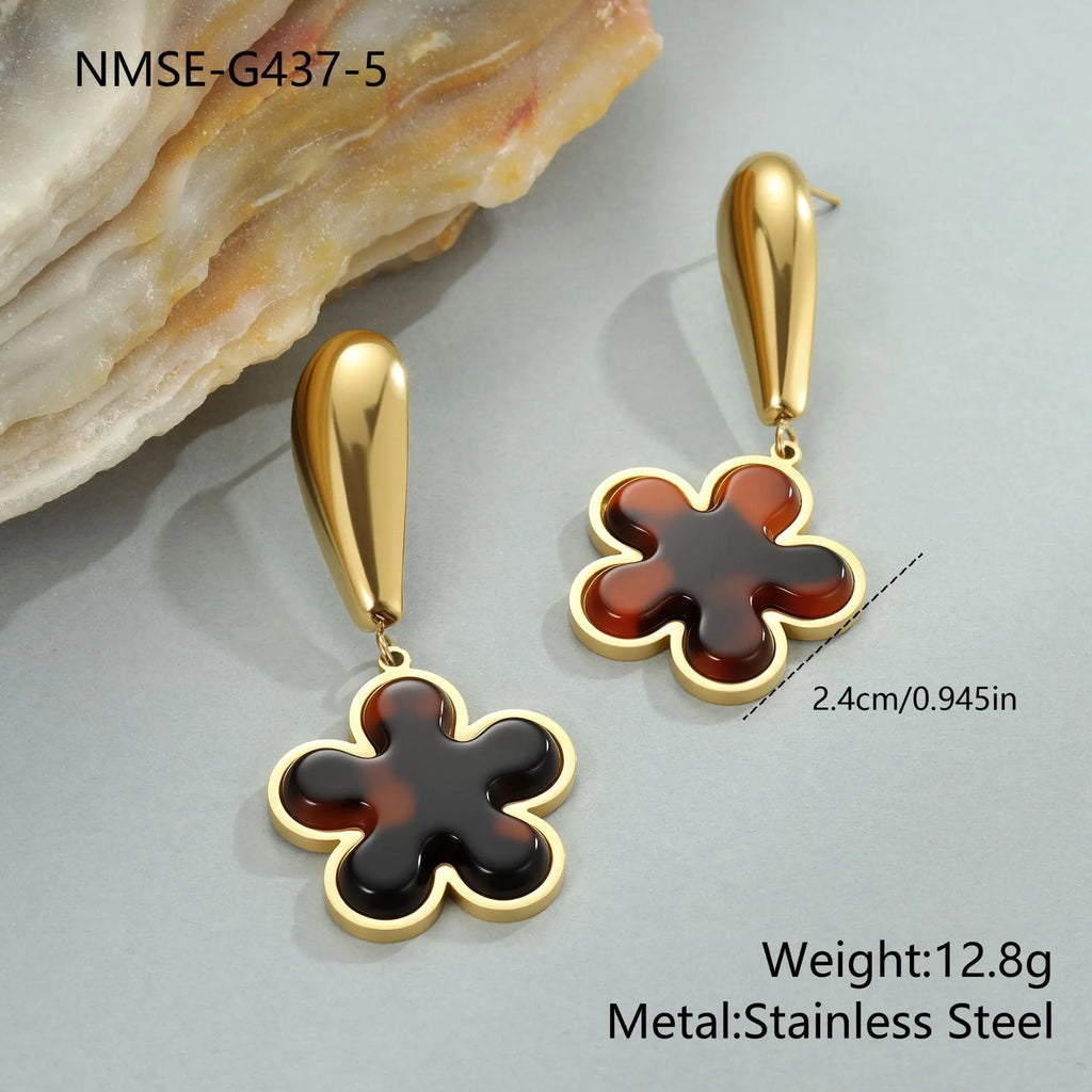 Women's tortoiseshell resin hawksbill colour earrings in heart and flower designs with stainless steel and 18K gold plating