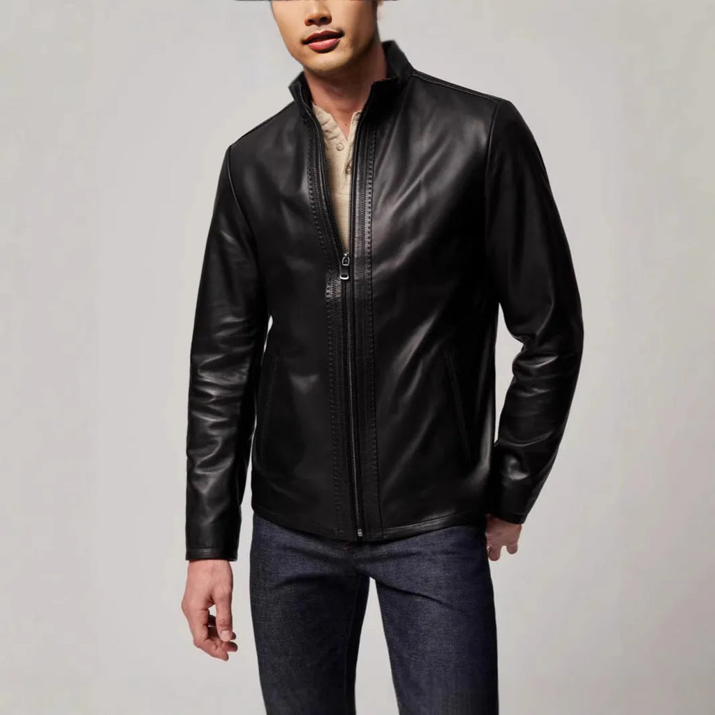 Men's black retro jacket with regular fit, long sleeves, straight hem, and no hood, shown in sizes S to XXXL