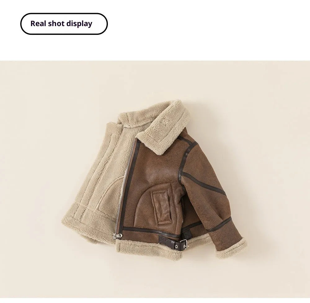 Boys retro locomotive style brown polyester winter coat with long sleeves, short length, sized 80-140cm