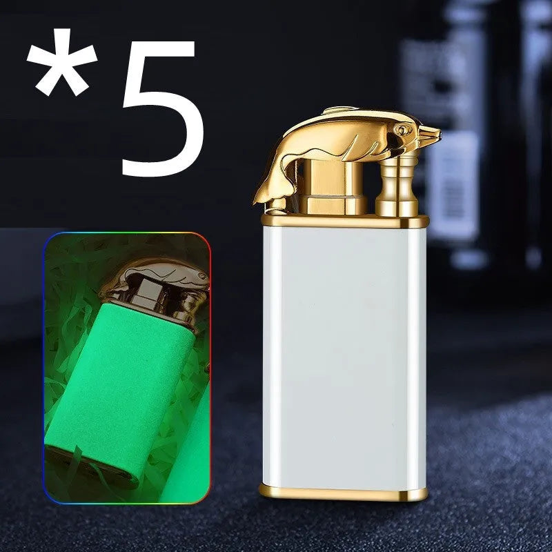 Creative blue flame lighter with windproof double fire and novelty dragon design, metal body