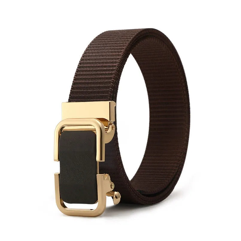 Men's toothless nylon canvas belt with alloy buckle showing adjustment mechanism