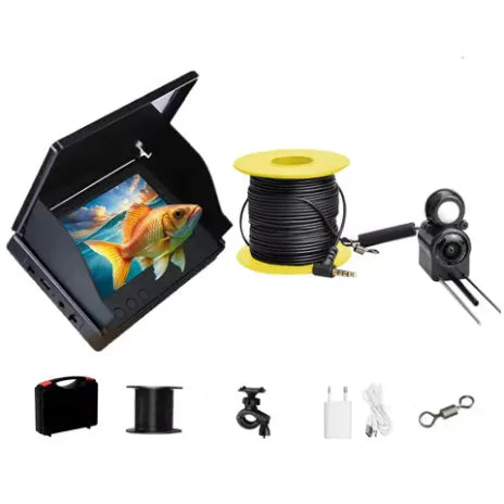 HD underwater fishing camera with screen, temperature sensor, and night vision lights on a cable.