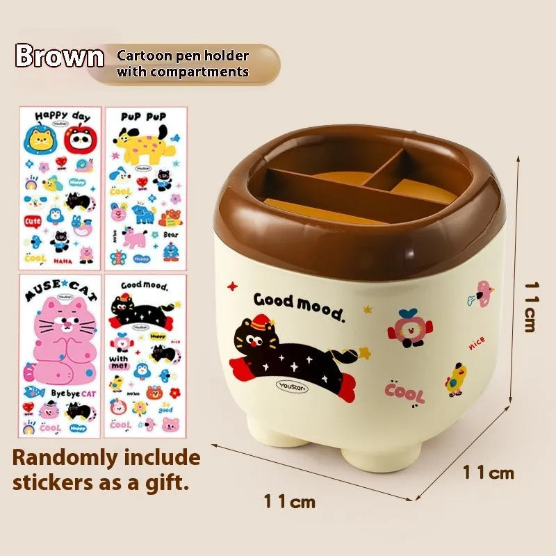 Cartoon-style plastic desktop organiser with grid compartments and red or brown stickers.