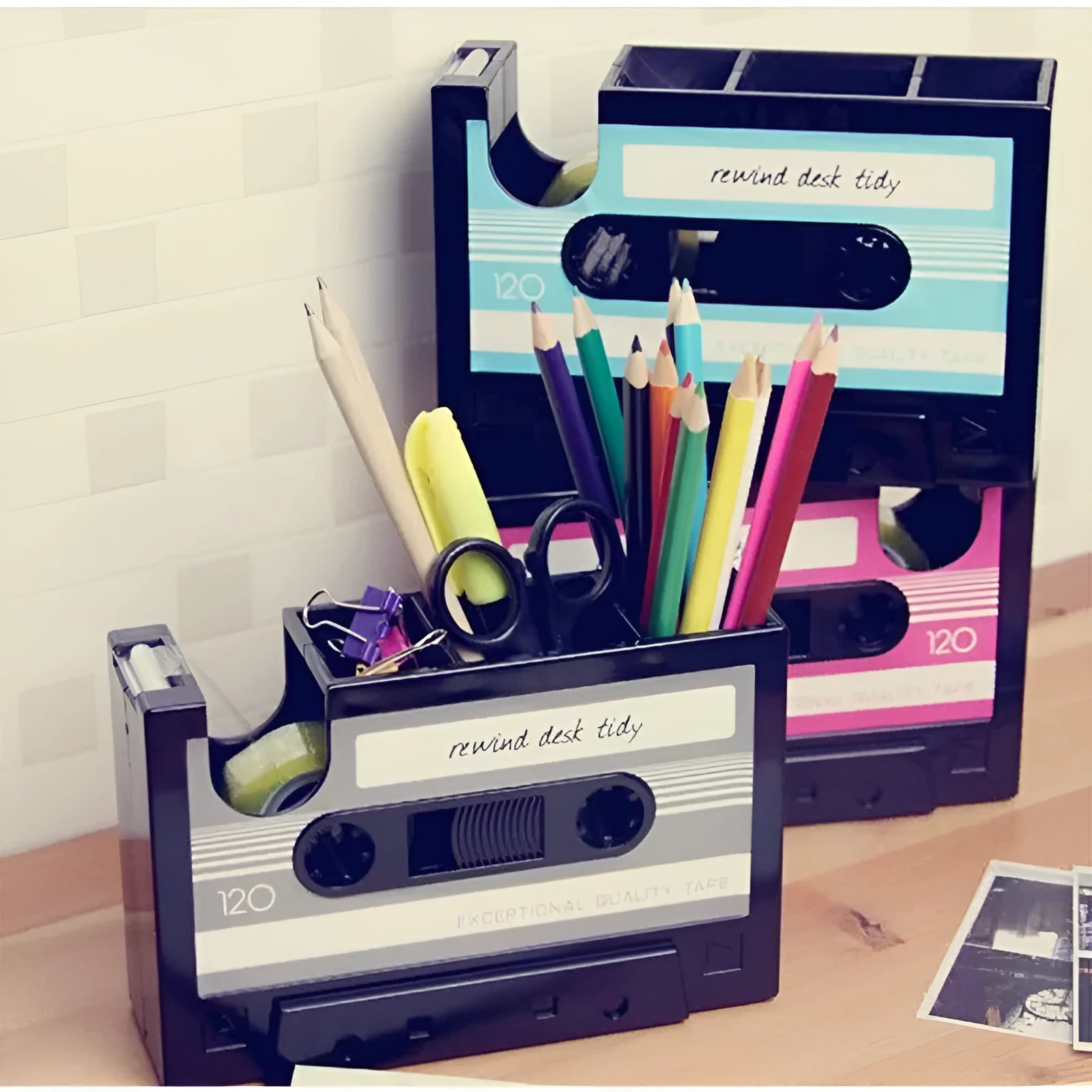Plastic desk storage box pen holder in blue, 17x5x11.5cm, with stationery and phone inside