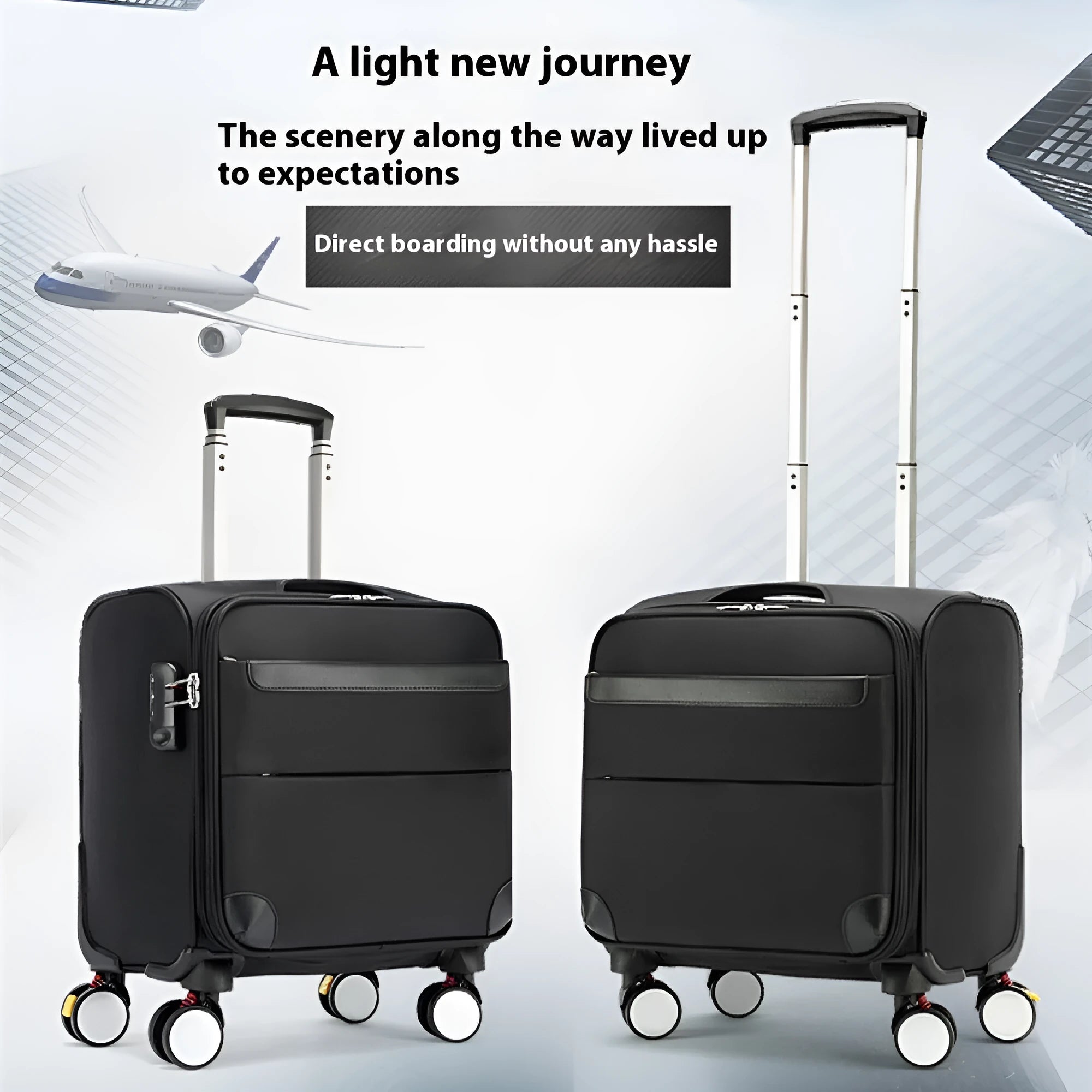 Black 18-inch Oxford cloth carry-on suitcase with retractable handle and four spinner wheels on airport floor.