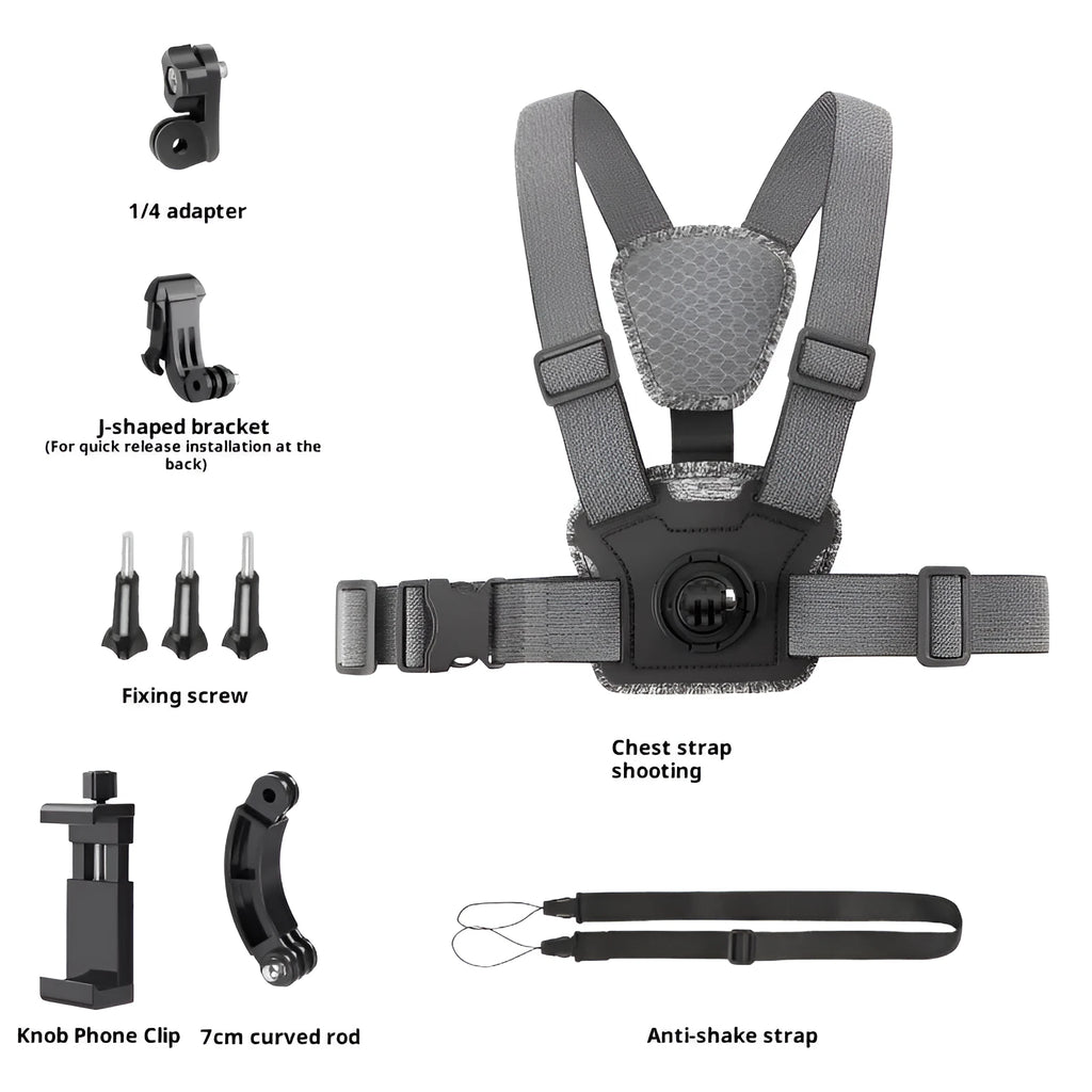 Chest mount with dual-camera setup for action camera and phone, including curved extension rod and anti-shake rope