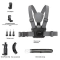 Chest mount with dual-camera setup for action camera and phone, including curved extension rod and anti-shake rope