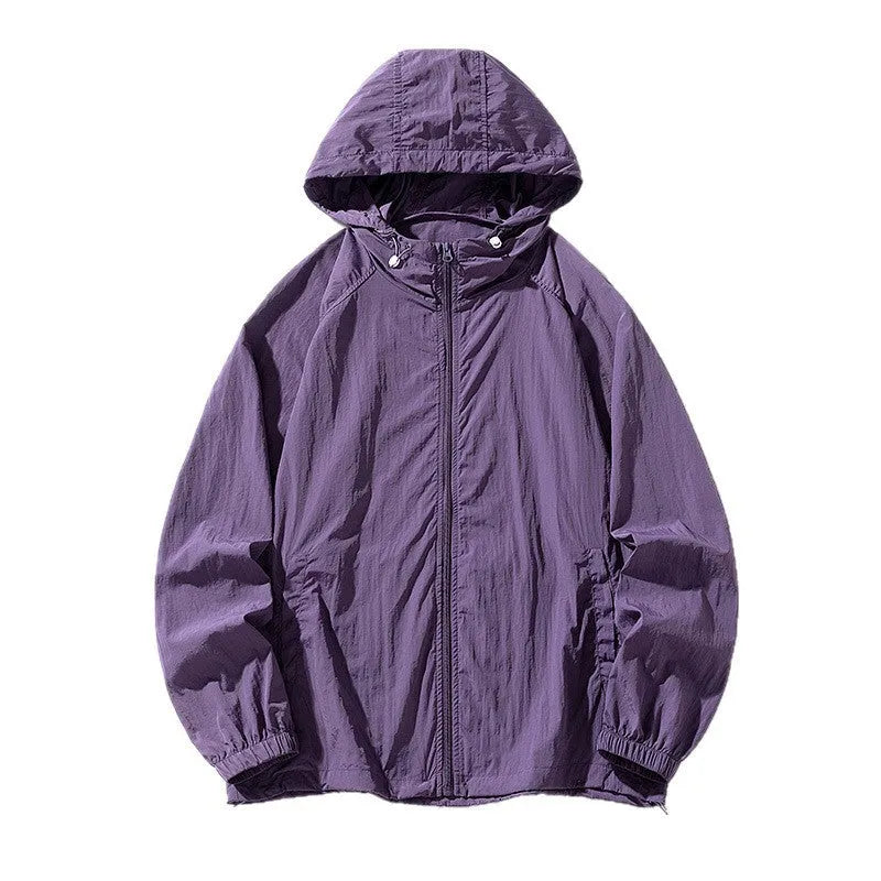 Loose fit unisex outdoor sports jacket in nylon blend fabric on a hanger.