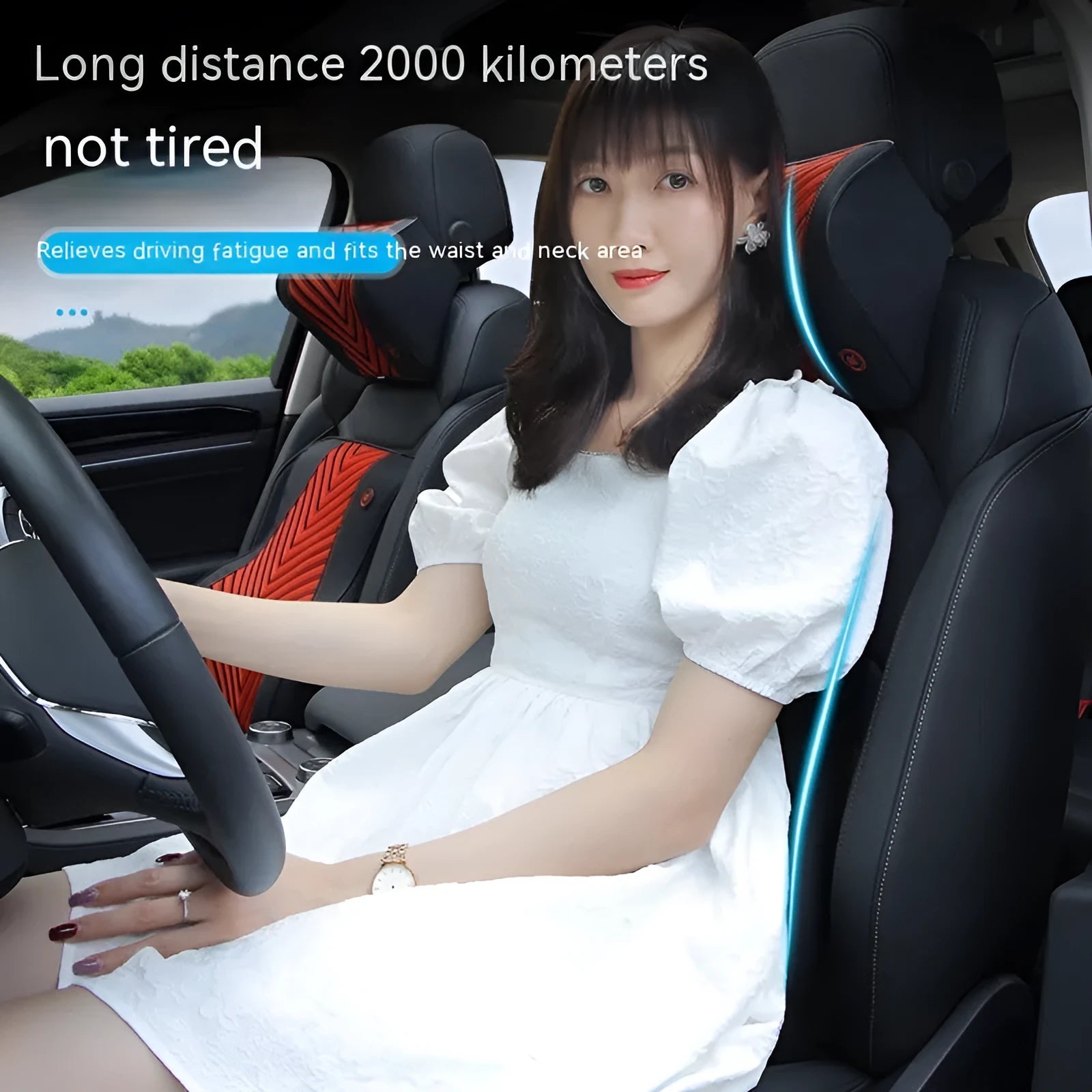Black and red electric car massage headrest and lumbar support cushion with leather mesh fabric.