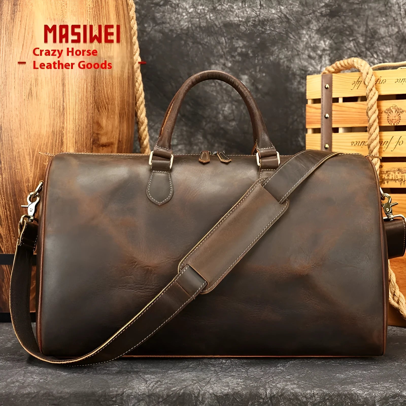Genuine leather vintage crossbody bag showing 48.3cm width large capacity interior with polyester cotton lining