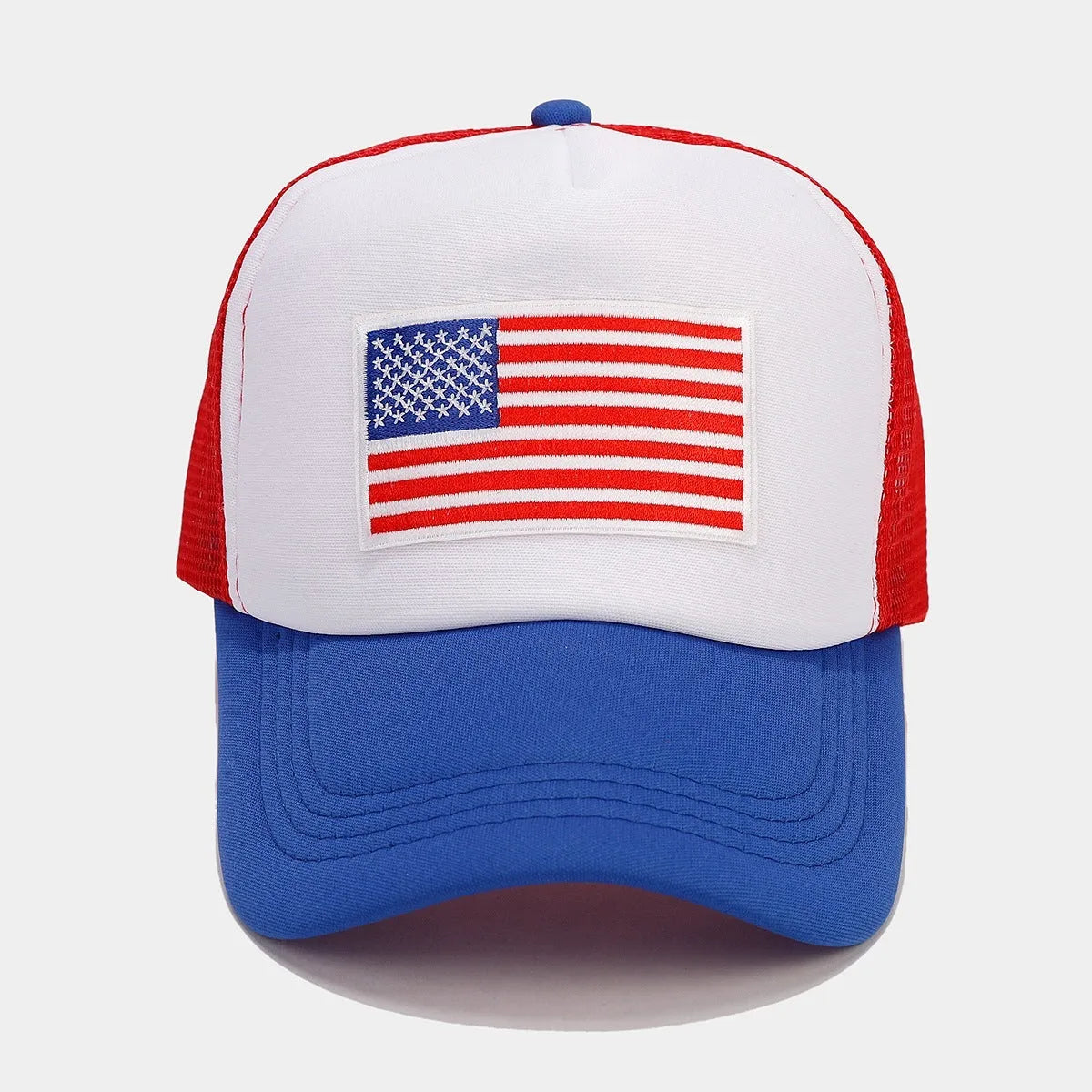 Red and blue contrasting mesh baseball cap with adjustable strap and dome crown