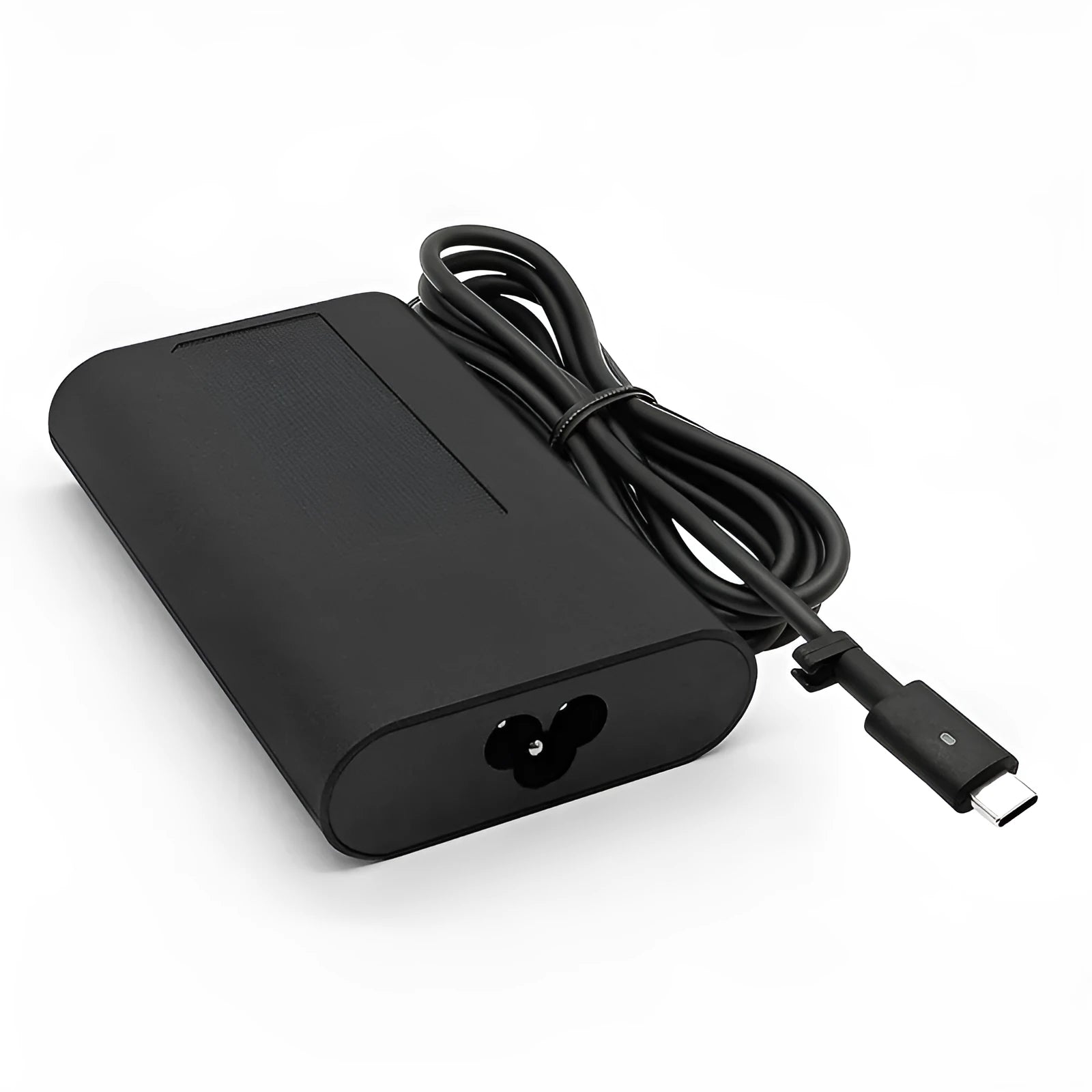 Black 65W USB-C laptop power adapter with a set of international plug cords including UK, US, EU, AU, and ZA types.