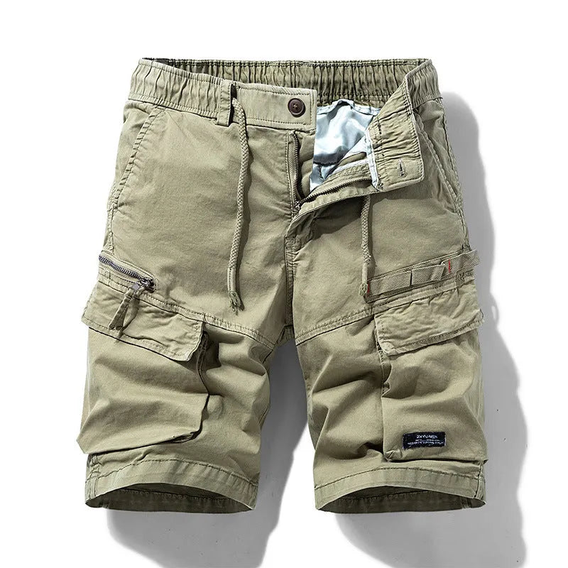 Men's cotton shorts with multiple pockets and a zipper in army green