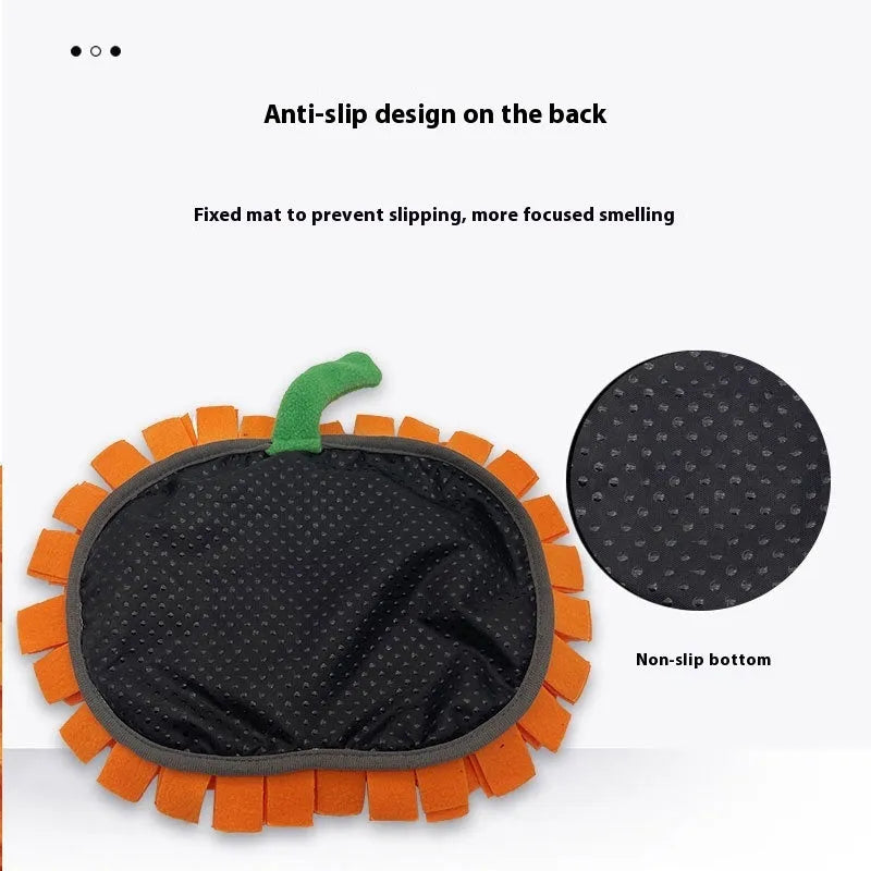 Pumpkin-shaped pet slow feed mat measuring 25x34cm in orange fleece for dog and cat scent training