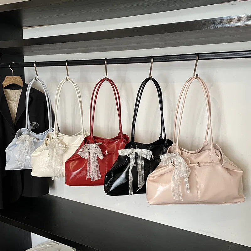 Large capacity horizontal square PU tote shoulder bag in black with double straps and optional pendant