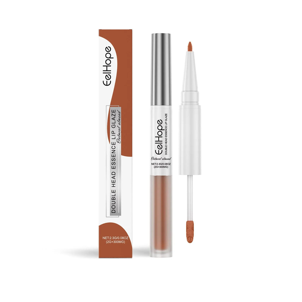 Double-headed lip pen showing lip liner on one end and liquid lacquer applicator on the other