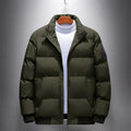 Men's casual winter cotton-padded coat jacket in Korean cardigan style, green colour, shown from front on mannequin