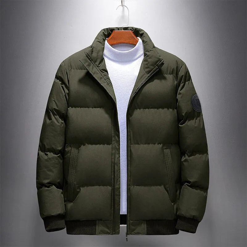 Men's casual winter cotton-padded coat jacket in Korean cardigan style, green colour, shown from front on mannequin