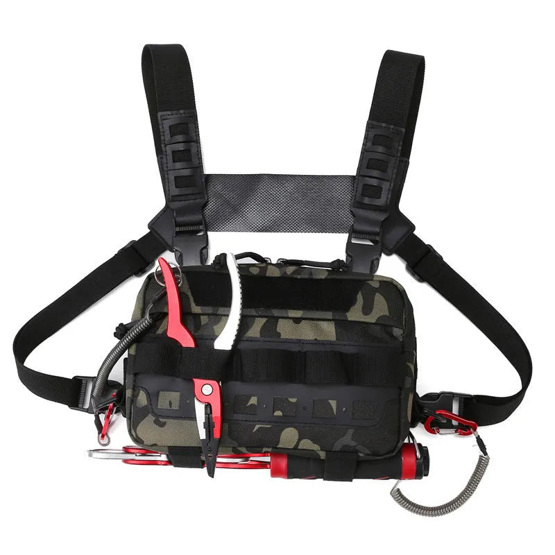 Tactical chest bag in black polyester with under 20L capacity for hiking and cycling