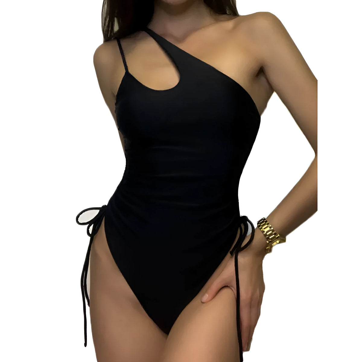 Black sleeveless bodycon dress with lacing and sloping shoulder, tight fit, 70-80cm length, sizes S-XL.