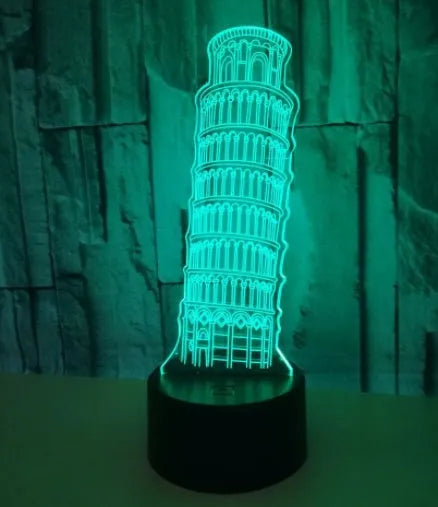 3D Leaning Tower of Pisa nightlight with seven colour options on acrylic panel with ABS base