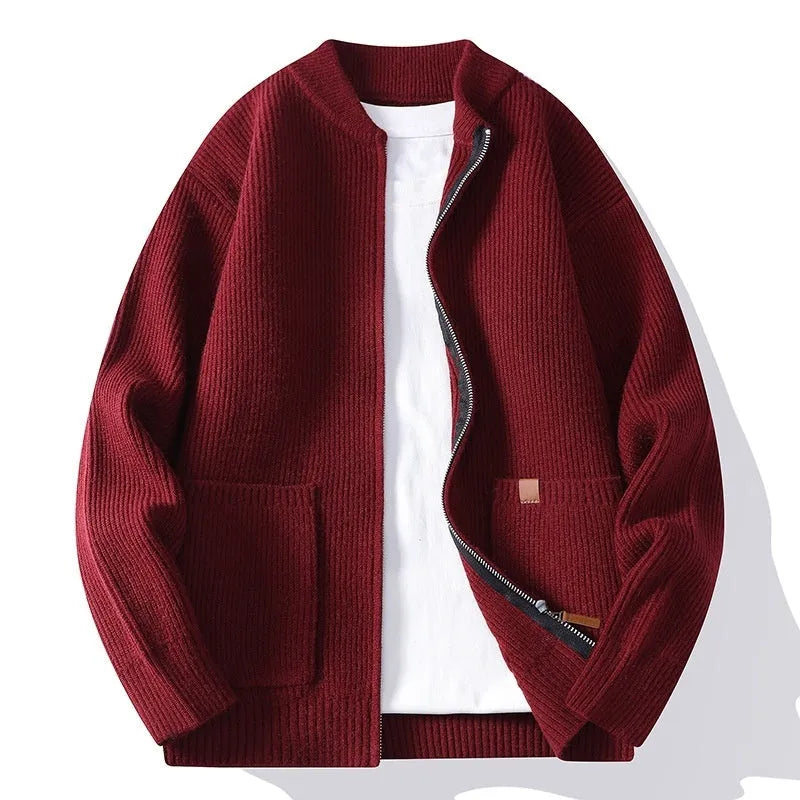 Men's striped sweater cardigan in Vinylon blend fabric available in five colours with straight cut design