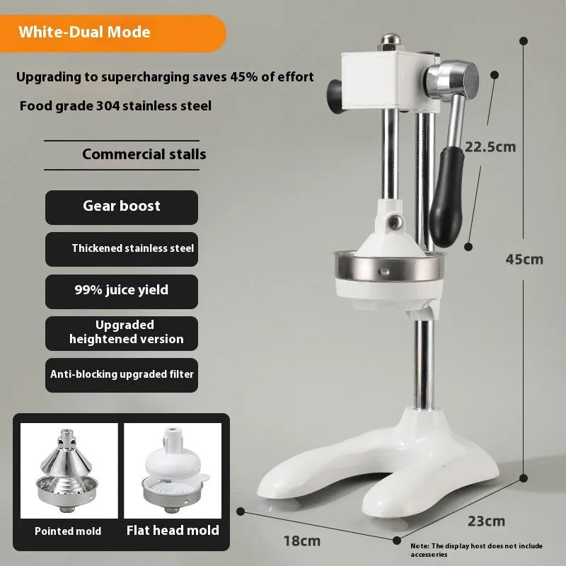 Vertical stainless steel manual citrus juicer shown in selected colour with chosen head style: pointed, flat, or double.