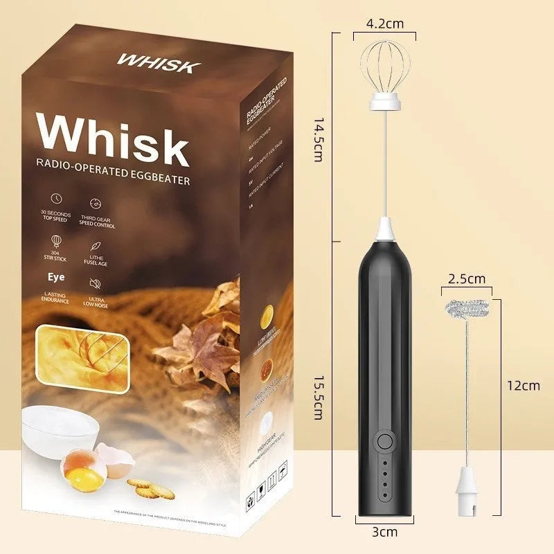 Mini handheld electric milk frother in black, white, and khaki colours with a stainless steel whisk.