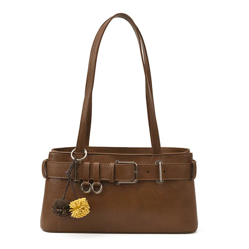 Women's retro belt buckle shoulder bag in PU, horizontal square shape, black or brown, with splicing detail.