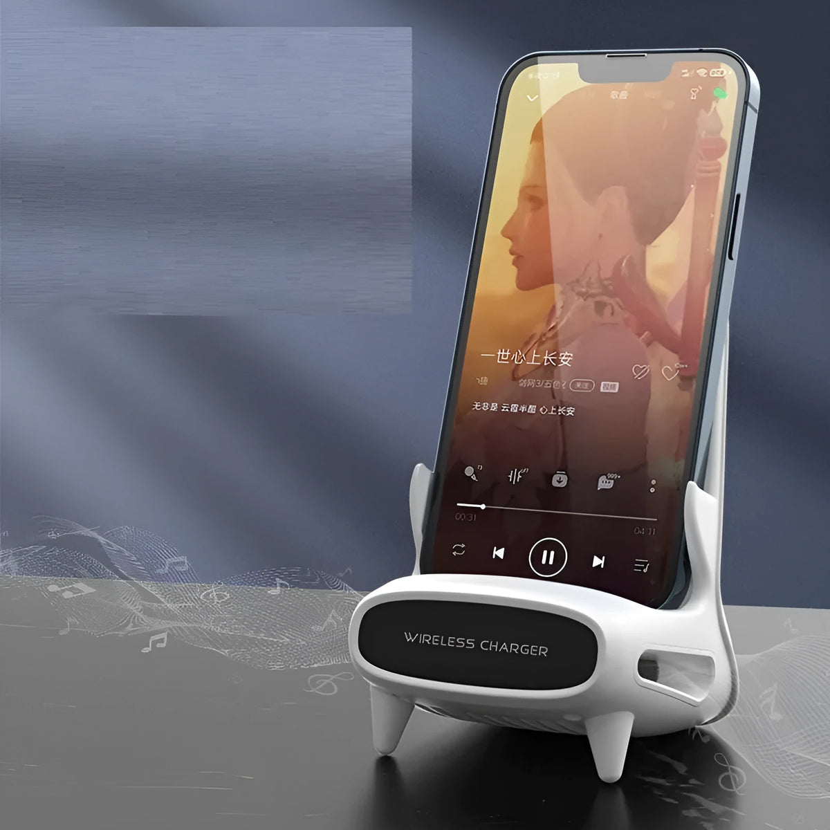 White 15W wireless charging stand with vertical desktop bracket, Type-C interface and QI protocol