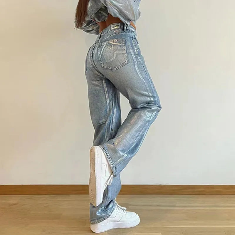 High waist straight leg jeans in washed blue denim with hot silver contrast stitching detail