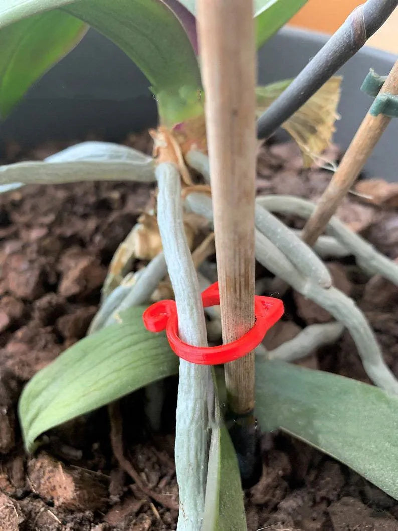 Colourful cat-shaped plastic plant clip for garden stem support.