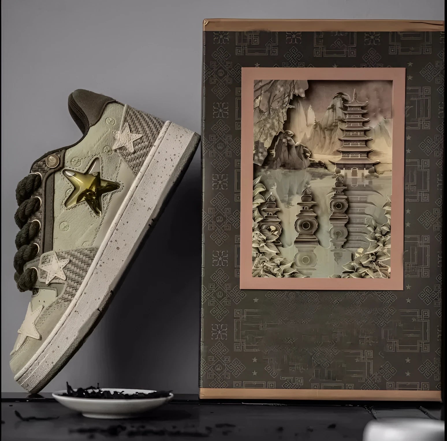Green low-top casual sneakers with white star pattern stitching, round toe, and flat rubber sole on a white background.