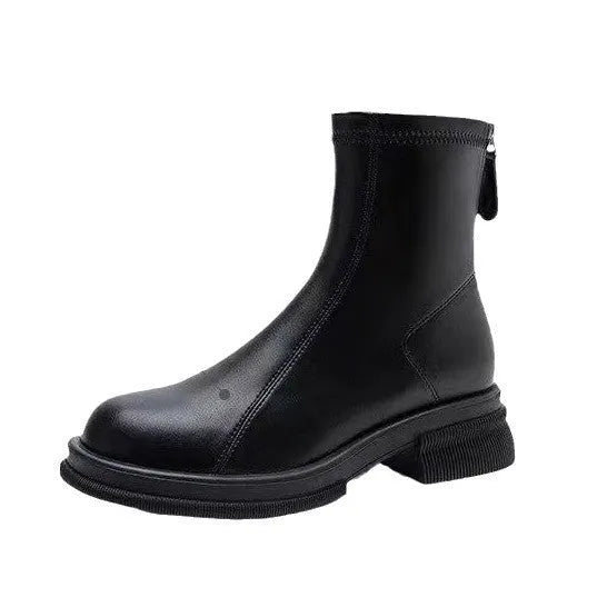 Women's black flat heel ankle boots with a back zipper and round toe