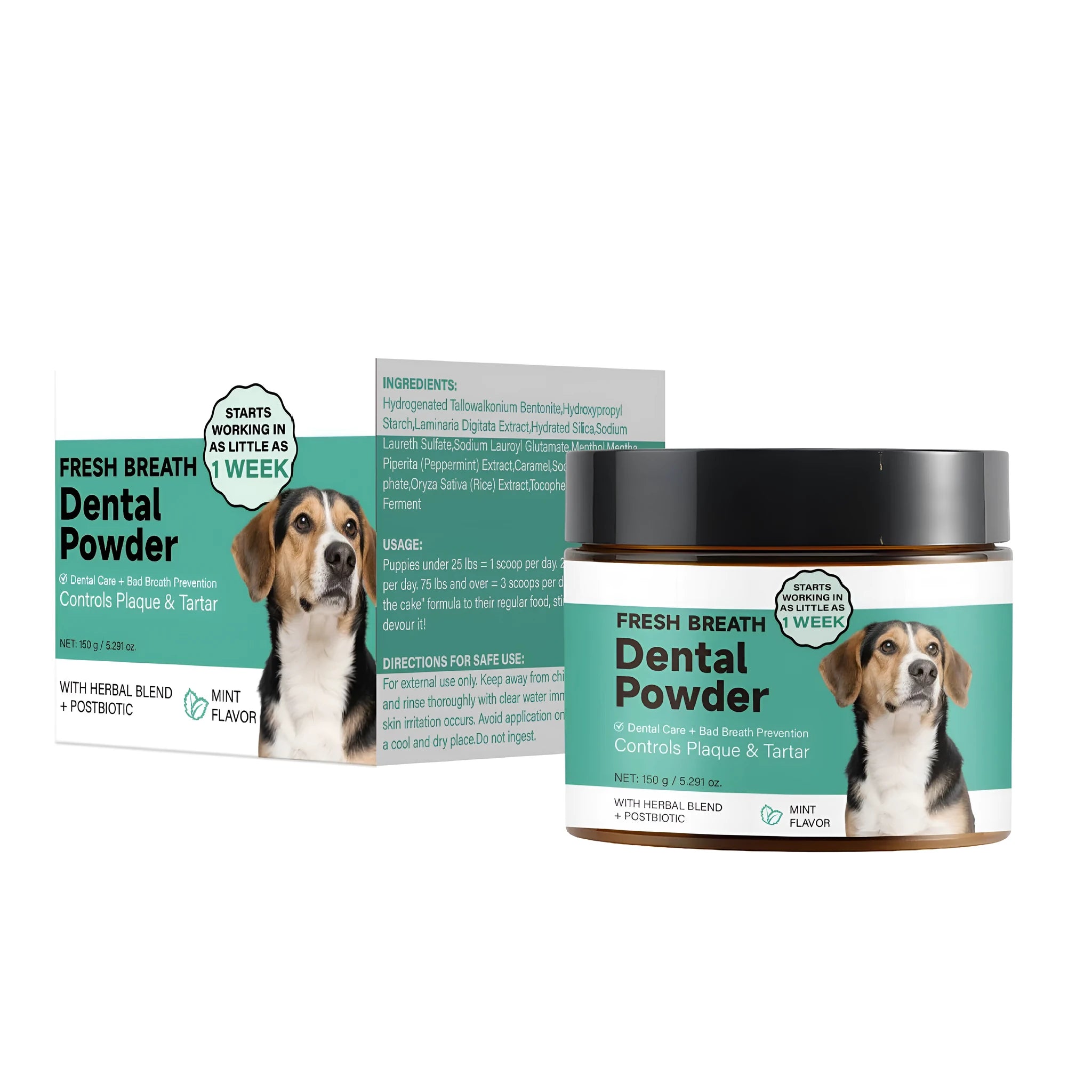 150g container of FP-A067 Dog Breath Tooth Cleaning Powder for canine oral hygiene