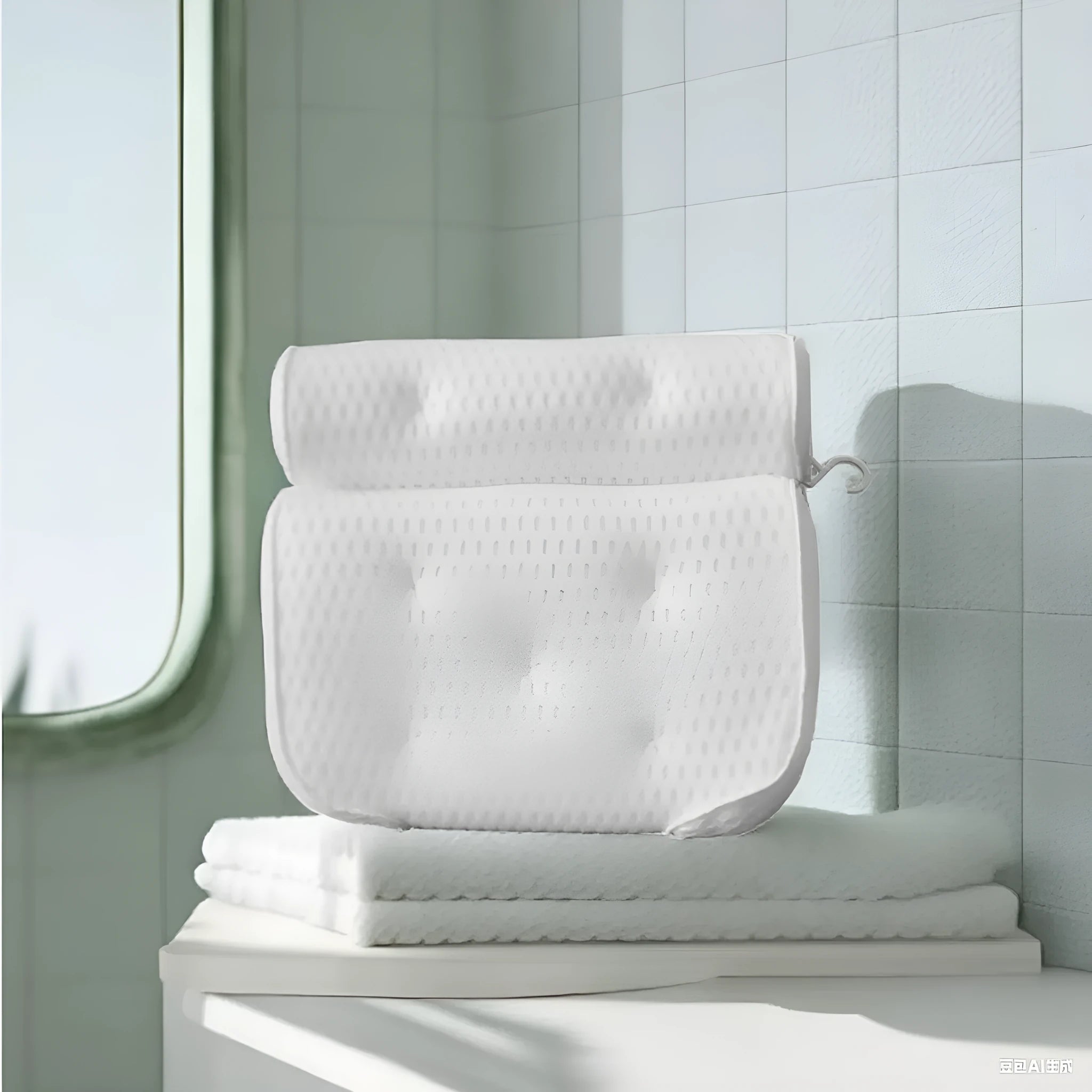 White adult bathtub pillow with 4D mesh material and suction cups on a bath mat.