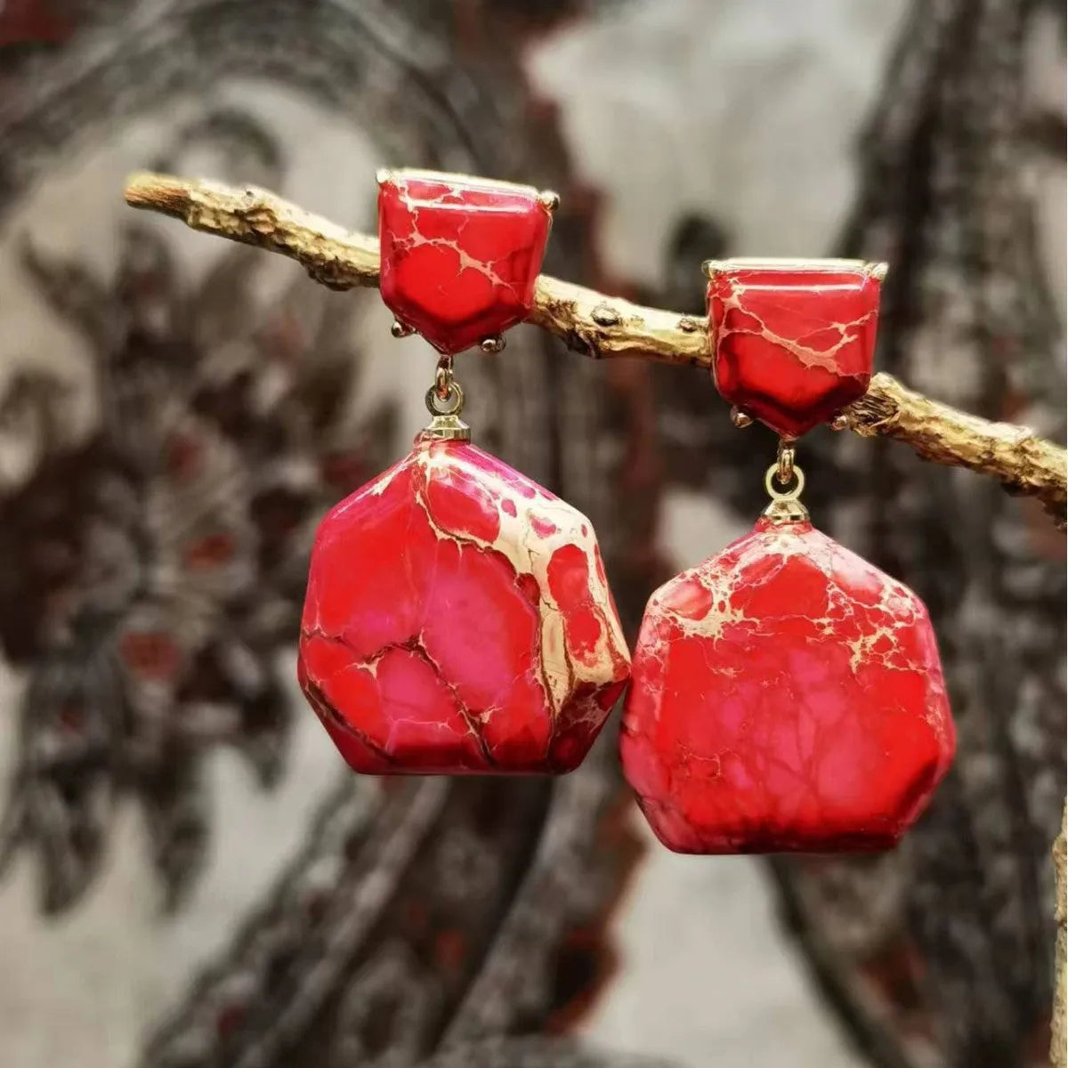 Emperor stone geometric retro ethnic style stud earrings for women, one pair, natural stone finish