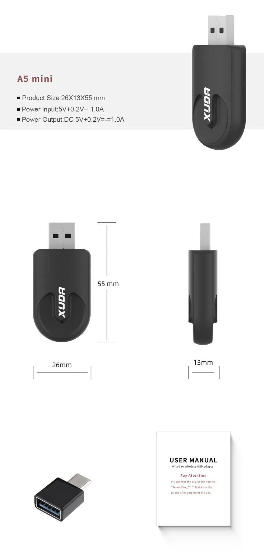 Black mini 2-in-1 CarPlay USB wireless adapter showing compact dimensions