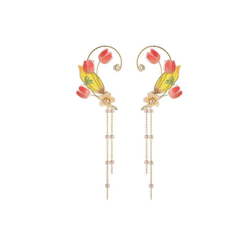 Pink flower earrings with long pearl tassel on alloy base with silver or gold plating