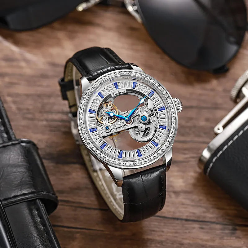 Men's rose gold stainless steel waterproof mechanical watch with transparent case back on wrist.
