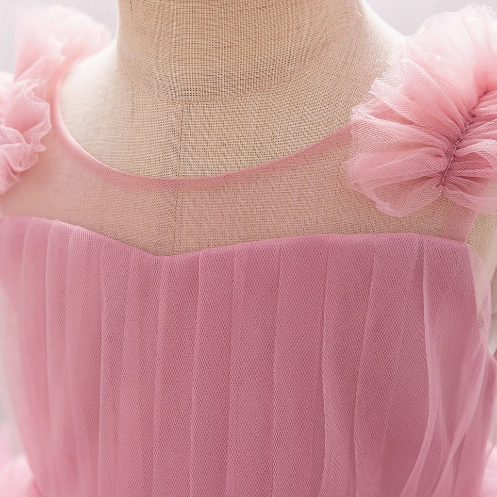 New children's sleeveless mesh long dress in bean pink for girls, suitable for height 70cm to 110cm