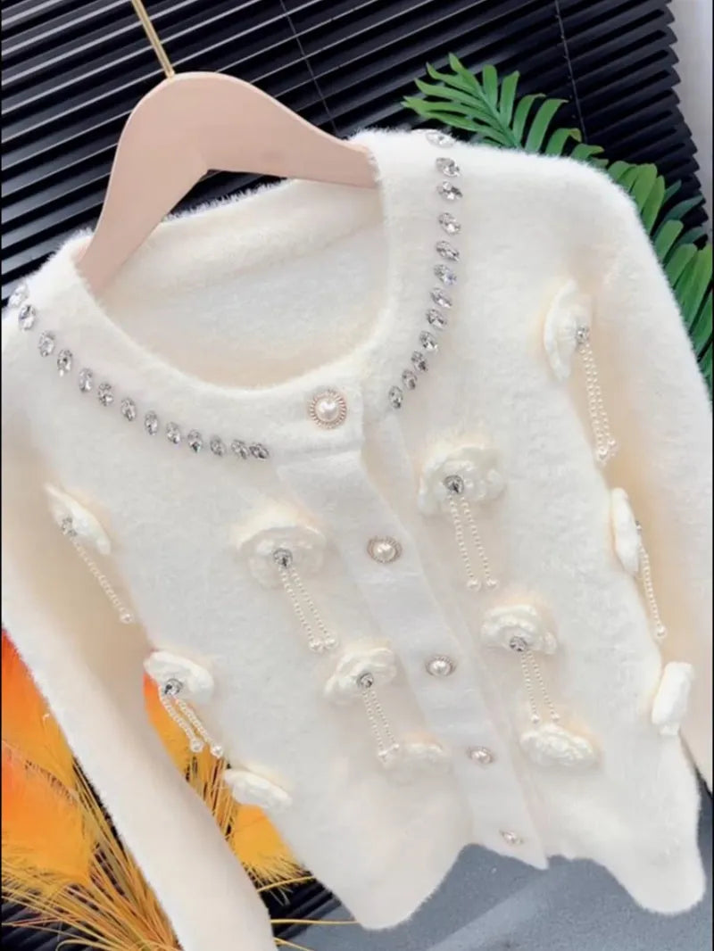 White V-neck beaded knit cardigan with long sleeves in a relaxed fit for women