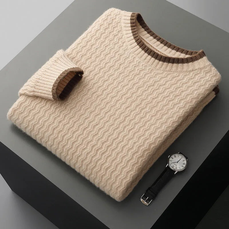 Men's round neck twisted design colour matching sweater in wool, casual loose fit, black colour