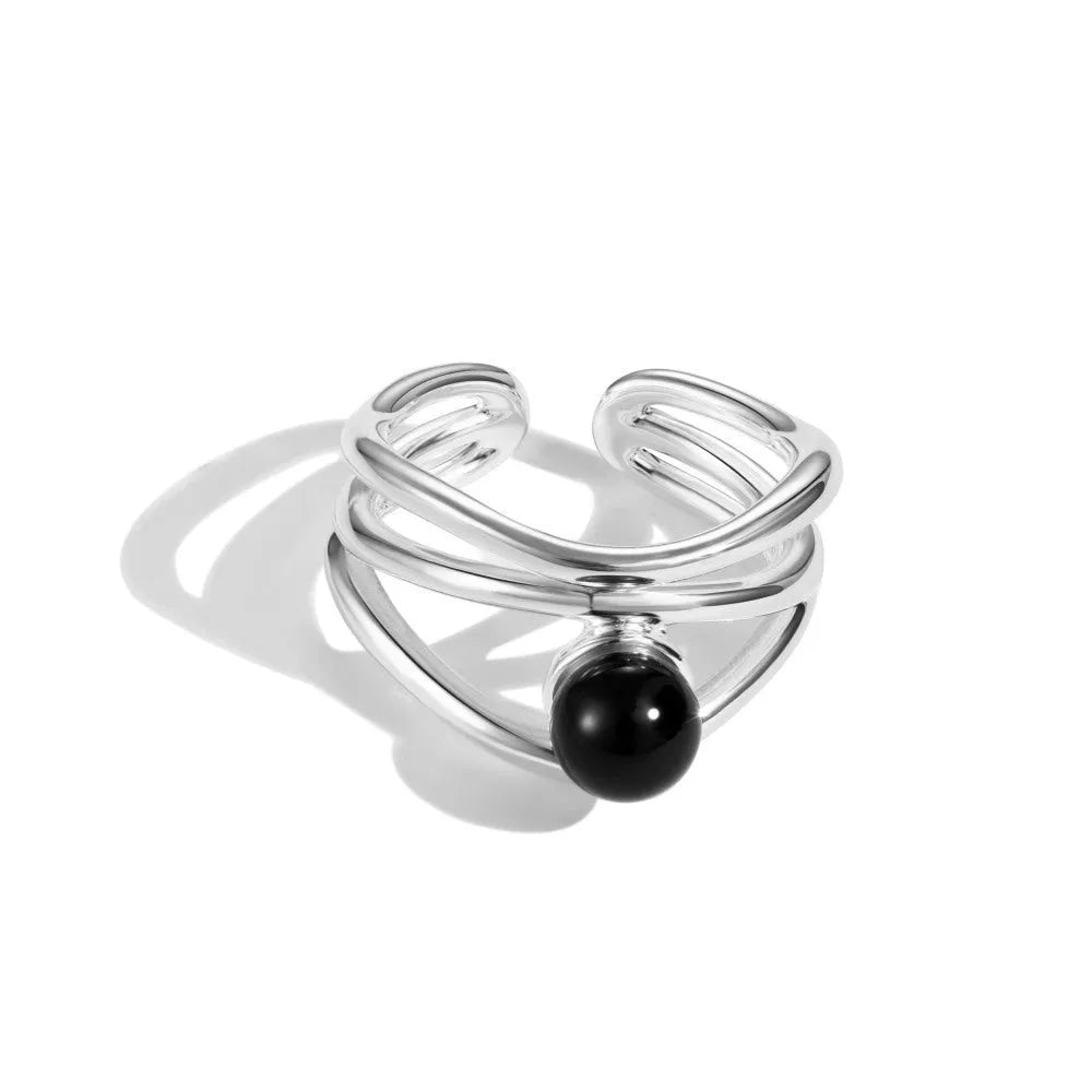 S925 sterling silver ring with black agate inlay adjustable opening geometric hollow design for women