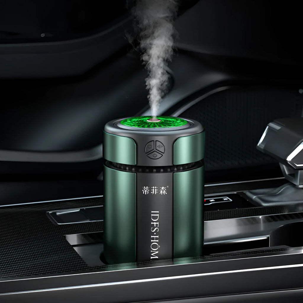 Three-speed adjustable smart rhythm car aroma diffuser in dark green, ABS aluminium alloy, with two essential oil bottles